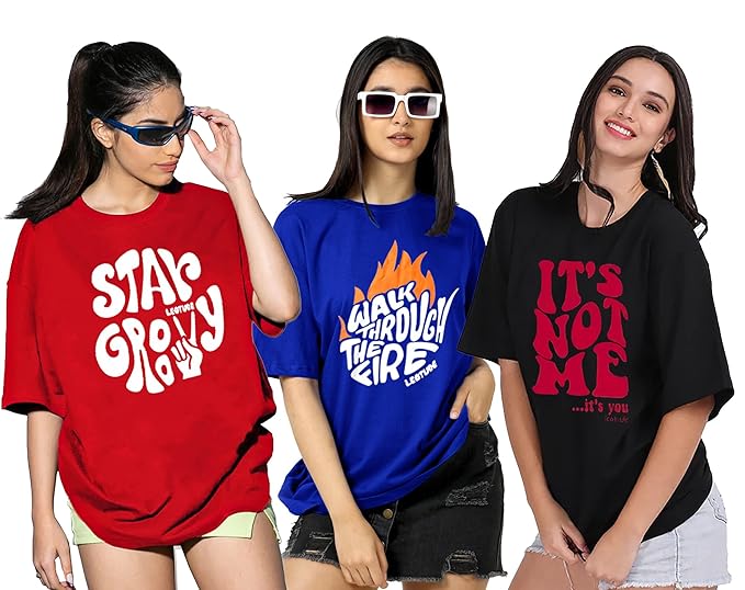 LEOTUDE Women's Cotton Regular Fit Half Sleeve Oversized Tshirt, Round Neck Longline Drop Shoulder | ful Printed Combo T-Shirt (Pack Of 3) Clothing T-Shirts