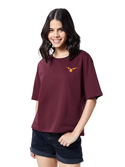 The Souled Store Women Official Harry Potter: Beautiful Burgundy Printed Oversized T-Shirts Oversized T Shirts for Women Baggy Boyfriend Tshirt Off-Shoulder Loose Fit Relaxed Drop Shoulder Half Clothing T-Shirts