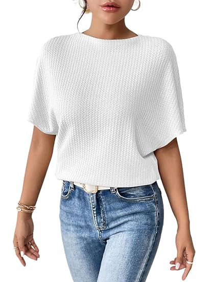 Women Fashion Fall Batwing Half Sleeve Shirts Boat Neck Oversized Tunic Tops Casual Waffle Knit Shirts Tops for Women Clothing T-Shirts