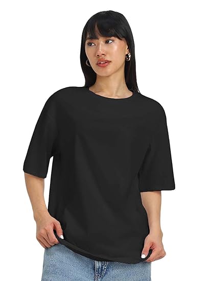 JUNEBERRY® Pure Cotton Oversized Baggy Fit Half Sleeve Drop Shoulder Plain Solid Round Neck T-Shirt for Women (Available in Black, White, Lilac, Cork, Maroon, Royal Blue, Swan White, Soap Nut Colors)