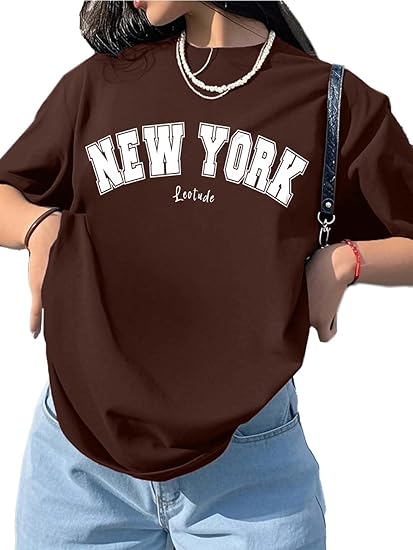 LEOTUDE Half Sleeve Cottonblend Oversized Tshirt for Women, Round Neck Longline Printed Drop Shoulder Baggie T-Shirt (Color Brown) Clothing T-Shirts