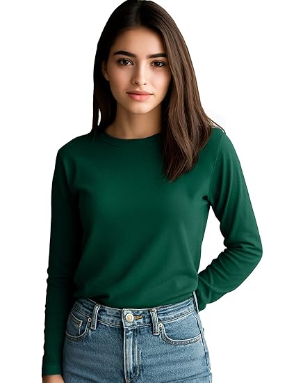JUNEBERRY® Pure Cotton Round Neck Regular Fit Core Fashion Solid Full Sleeve T-Shirt for Women & Girls (Colors: Black, Cork, Green, Navy, Swanwhite & White) Clothing T-Shirts
