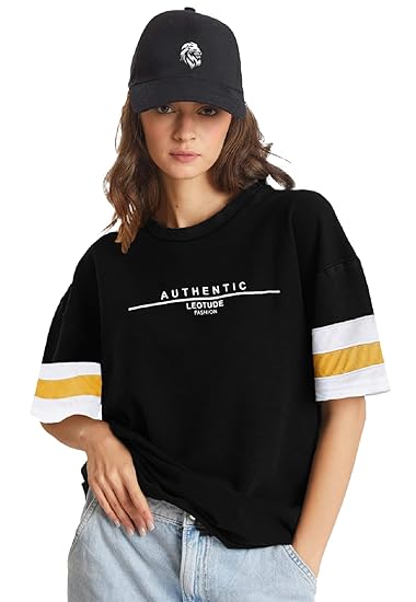 LEOTUDE Men's Cottoblend Half Sleeve Printed Oversized Drop Shoulder T-Shirt (Black Color) Clothing T-Shirts