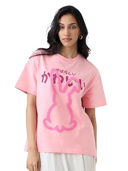 The Souled Store Oversized T-Shirt: Bunny Women and Girls Short Sleeves Round Neck Pink Embroidered Cotton Oversized T-Shirts Clothing T-Shirts