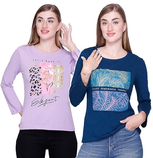 Women Cotton Full Sleeve Regular Fit T Shirt/Top with Chest Print (Combo 2) | S-4XL Size Clothing T-Shirts