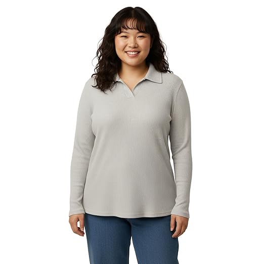 Women's Plus Size 100% Cotton Regular Fit Waffle Collar Polo Neck Full Sleeve T-Shirt | Stylish Long Sleeves Tops for Women & Girls (2XL,3XL,4XL,5XL)