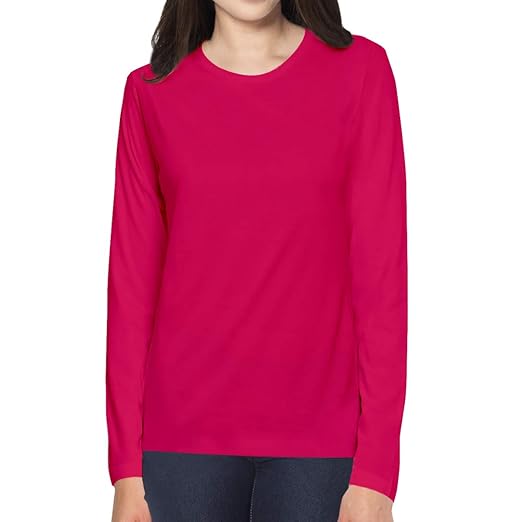 Pooplu Women's Regular Fit Premium Plain 100% Cotton Round Neck Full Sleeves, Casual Plain Pootlu Tees and Tshirts.(Oplu_DarkPink_Small) Clothing T-Shirts