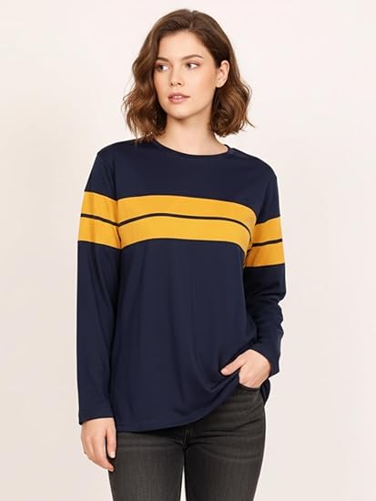 LEOTUDE Full Sleeve Loose Fit Tshirt for Women, Round Neck Full Sleeves Colourblocked Loose Fit Casual Wear Tshirt Tops for Women Clothing T-Shirts