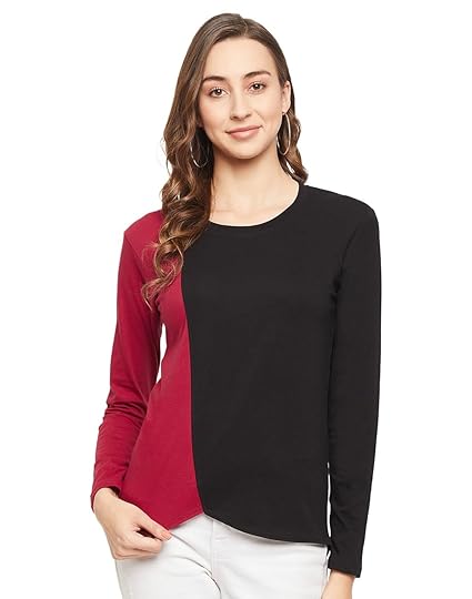 Fabricorn Maroon and Black Color Plain Full Sleeve Cotton Tshirt for Women (Maroon & Black) Clothing T-Shirts