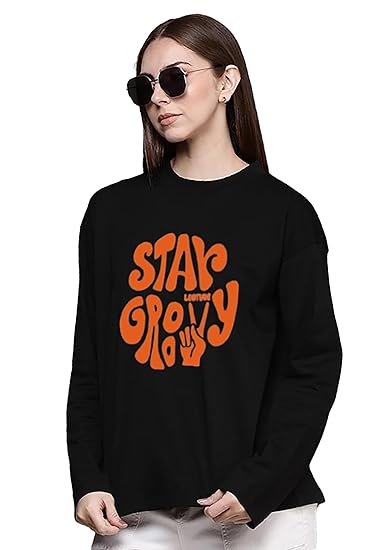LEOTUDE Women Boyfriend Fit Printed Full Sleeve Round Neck T-Shirt Material Cottonblend Clothing T-Shirts
