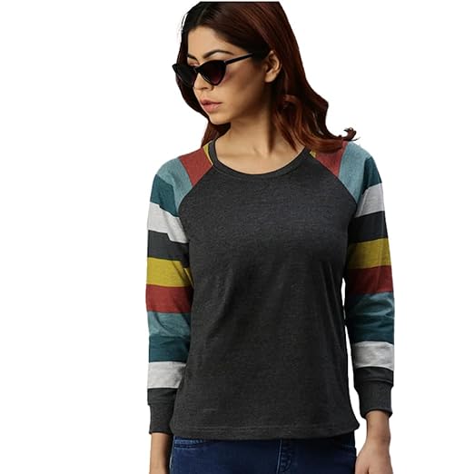 JUNEBERRY Pure Cotton Colorblock Full Sleeve Regular Fit Solid T-Shirt for Women & Girls (GL33_JB_Anthra_110) Clothing T-Shirts
