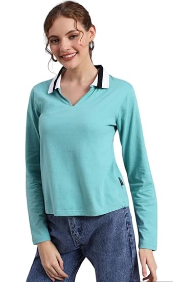 THE DRY STATE Womens Cotton Round Neck Full Sleeves Tshirt (S, Dusty Turquoise 3) Clothing T-Shirts
