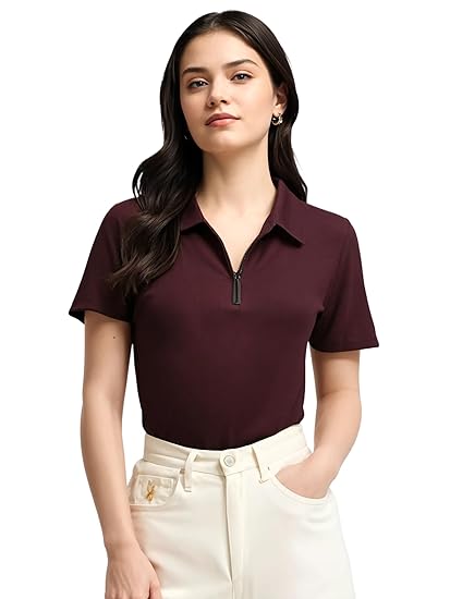 Mack Jonney Ribbed |Regular Fit | Half Sleeves 100% Cotton Polo Neck Self Design with Zip T-Shirt for Women-M919 Clothing T-Shirts