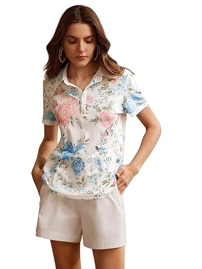 Toochki Polo T Shirt for Women | Cotton Stretchable | T-Shirt | Tshirt | Collar Half Sleeve | for Jeans | Short | Floral Printed | Women's Polos Clothing T-Shirts