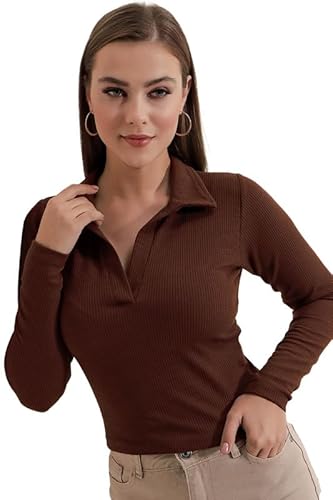 Dream Beauty Fashion Women's Collared Neck Long Sleeve Slim Fit Casual Tee Top, 23" inches (Apple-01-P) Clothing T-Shirts