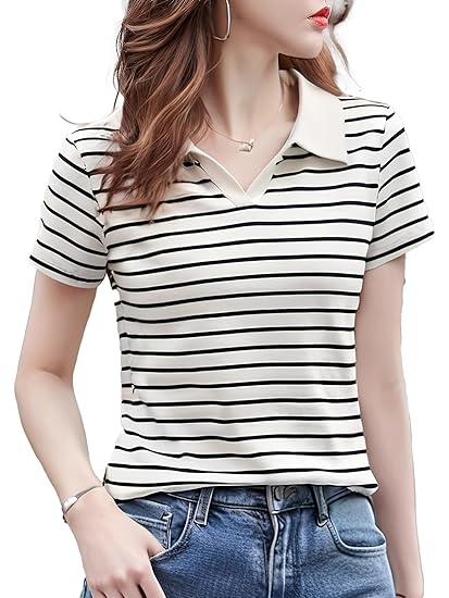 Women Short Sleeve Polo T-Shirts, Lady's Summer Striped Shirt, Collar Neck Casual Tank Tops Clothing T-Shirts