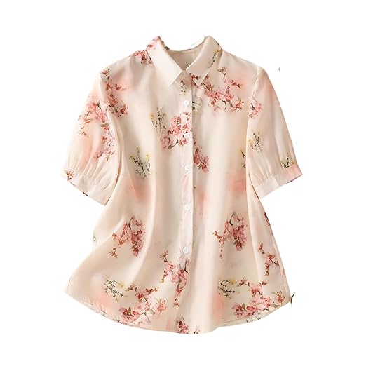 Gufrina Women's Cream Floral Printed Western Shirt with Button Down Front, Short Puff Sleeves and Relaxed Fit Silhouette Clothing Shirts