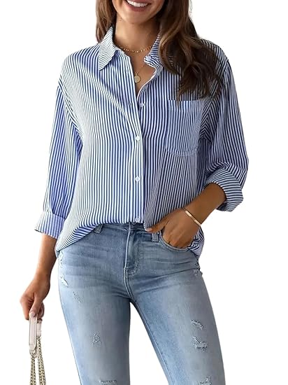 IndoPrimo Women's Classic Fit Striped Print Poly Cotton Shirt with Long Sleeve Mandarin Neck Standard Length and Button Down Closure Type Clothing Shirts