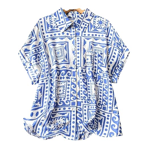 Gufrina Women's Polyester Shirt with Pocket Half Raglan Sleeves Spread Collar Neck Geometric Printed Relaxed Fit and Standard Length Clothing Shirts
