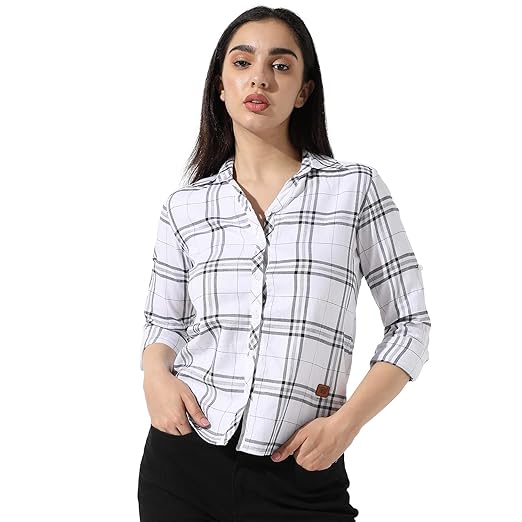 Campus Sutra Women's Tartan Plaid Button Up Regular Casual Wear | Spread Collar Long Sleeves Shirt Fit Cotton Crafted with for Sleeve & Comfort Everyday Clothing Shirts