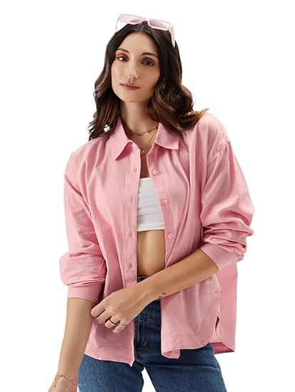 The Souled Store Solids: Pink Women and Girls Loose fit Full Sleeve Cotton and Linen Pink Color Women Boyfriend Shirts Clothing Shirts