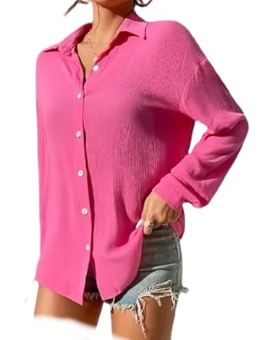 Button Down Collared Full Sleeves Loose Fit Pink Shirt for Women's Clothing Shirts