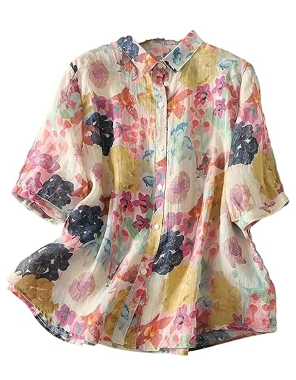 Gufrina Women’s Casual Button-Down Shirt with Multicolor Floral Print & Half Sleeves, Collar Neck Clothing Shirts