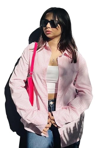Women's Pink Striped Cotton Shirt, Regular Fit, Office Formal Casual Wear Clothing Shirts