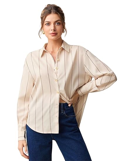 Aahwan Solid Button Up Drop Shoulder Striped Print Casual Formal Long Sleeve Shirt for Women's & Girl's Clothing Shirts