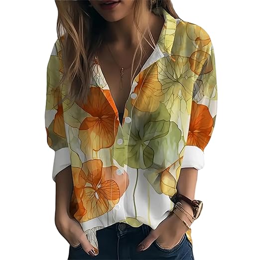 Gufrina Women's Floral Printed Button Down Western Shirt with Collar Neck and Rolled-Up Long Sleeves in Relaxed Fit Clothing Shirts