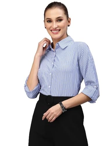 Style Quotient Women Gray and White Cotton Stripe Smart Casual Shirt