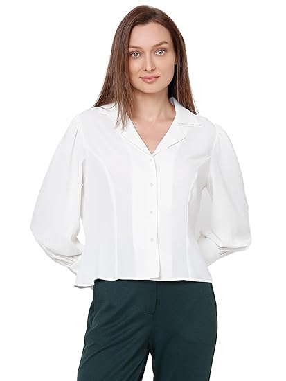VERO MODA Cuban Collar Solid Formal Shirt | Day to Evening | Long Sleeves Notched Lapel Regular Fit Shirt for Women