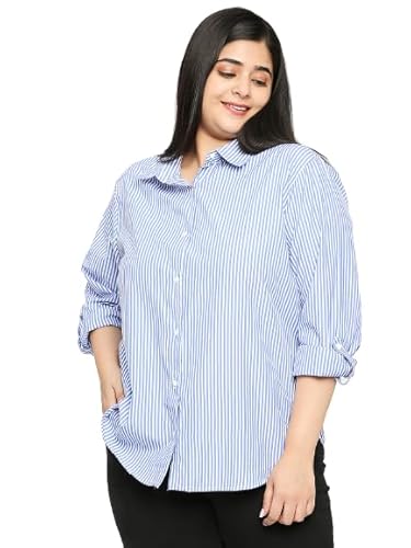 Style Quotient Plus Women Blue and White Stripe Polycotton Regular Formal Shirt