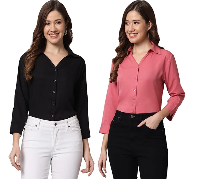 FUNDAY FASHION Women's Crepe Regular Fit Solid V Collered Casual Shirt (Pack of 2) Clothing Shirts