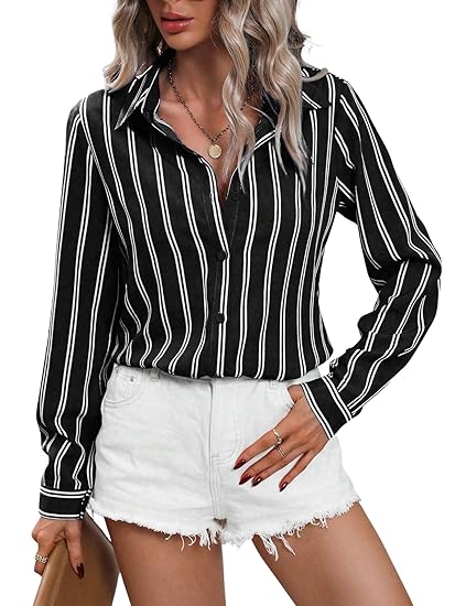Aahwan Women Polyester Regular Fit Solid Button Up Drop Shoulder Striped Print Casual Formal Long Sleeve Shirt