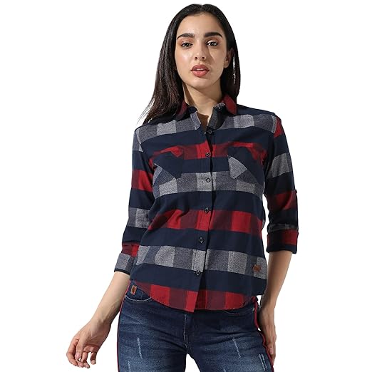 Campus Sutra Women's Checkered Button Up Regular Fit Shirt for Casual Wear | Spread Collar | Long Sleeves | Cotton Shirt Crafted with Regular Sleeve & Comfort Fit for Everyday Wear Clothing Shirts