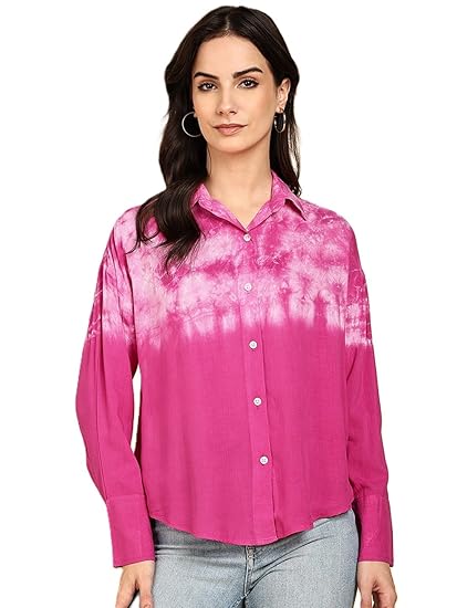 Maaesa Women Rayon Staple Tie & Dye Spread Collar Full Sleeves Loose Fit Casual Shirt | Lightweight & Breathable