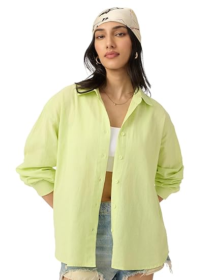 The Souled Store Solids: Lime Women and Girls Loose fit Full Sleeve Cotton and Linen Yellow Color Women Boyfriend Shirts Clothing Shirts