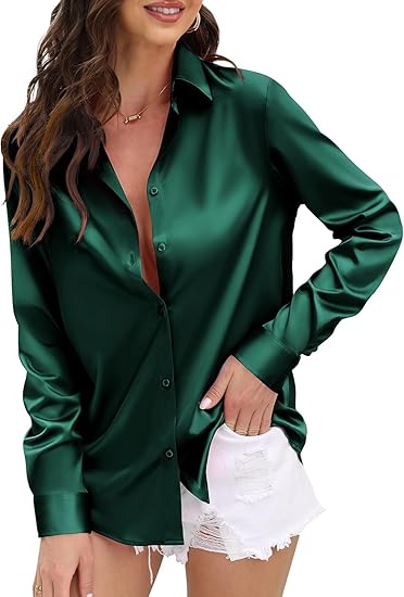 IndoPrimo Women's Satin Shirt with Spread Collar Neck Line Solid Pattern Full Sleeves Regular Fit Western Style and Standard Length Clothing Shirts