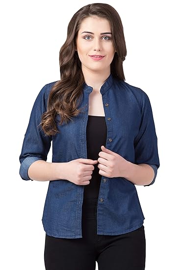 FUNDAY FASHION Women's Denim Blend Casual Mandarin Collar Regular Fit Shirt