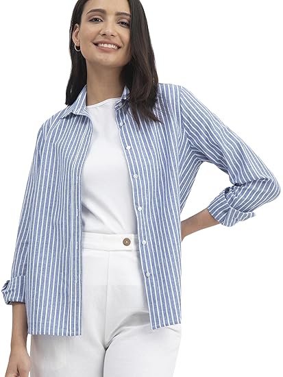 FableStreet Women Shirt | Striped Long Sleeve Polo Collar Button Down | Breathable Linen Blend Fabric | Business Casual & Formal Wear Clothing Shirts