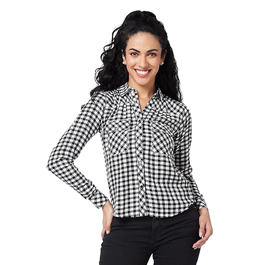 Spykar Black/White Checks Shirt for Women