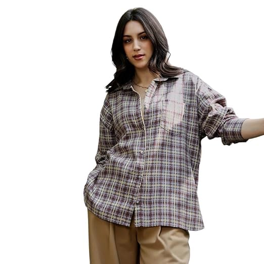 PINACOLADA Women's Woven Contrast-Check Oversized Shirt | Spread Collar, Long Button-Cuff Sleeves, Button Closure | Checks Jacquard Woven Shirt for Casual Coin Grey:Crimson Red Clothing Shirts