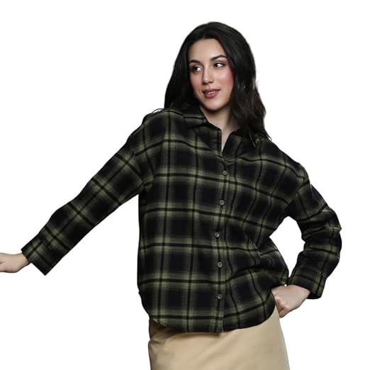 PINACOLADA Women's Brushed Shirt | Spread Collar, Long Button-Cuff Sleeves, Button Closure | Checks Brushed Woven Shirt for Casual Seaweed Green Clothing Shirts