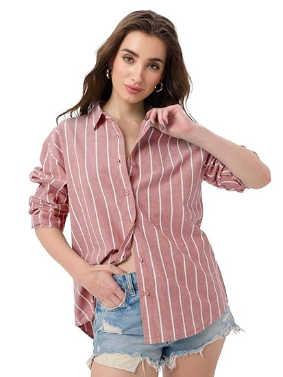 The Souled Store Striped Cotton Linen Shirt: Women and Girls Long Sleeves Collared Neck Button Front Cotton Linen Boyfriend Shirts Clothing Shirts
