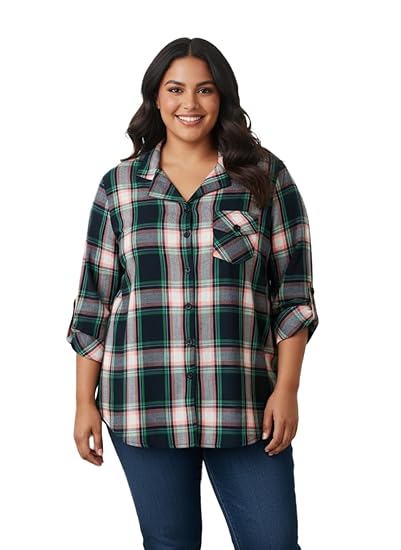 Women's Plus Size Plaid Shirt, Brown Black White Check Pattern, Button-Down with Chest Pocket, Roll-Up Sleeves Clothing Shirts
