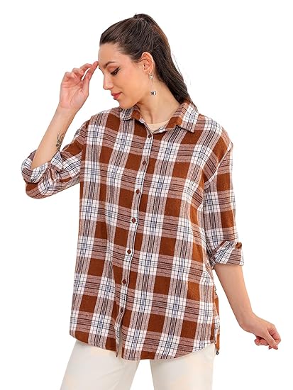 Freehand by The Indian Garage Co Women Loose Fit Tartan Checks Oversized Shirt Clothing Shirts