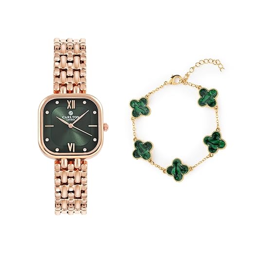Carlton London Green Dial Watch for Women - Stainless Steel, Premium, Stylish Wrist Watch with Golden Strap & Bracelet Set,Elegant Quartz Timepiece, Water Resistant, Luxury Square Watch Gift Set Accessories Watches