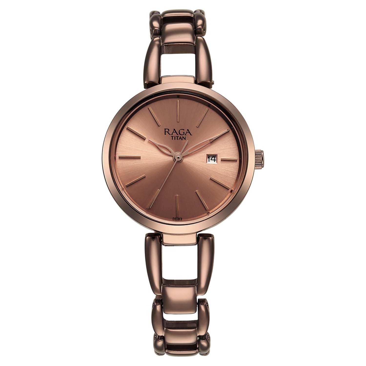 Titan Raga Viva Quartz Analog with Date Rose Gold Dial Brown Metal Strap Watch for Women - NT2642QM01 Accessories Watches