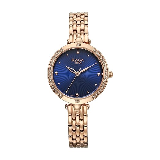Titan Raga Showstopper Quartz Analog Midnight Blue Dial Rose Gold Metal Strap Watch for Women - NT95266WM01 Accessories Watches